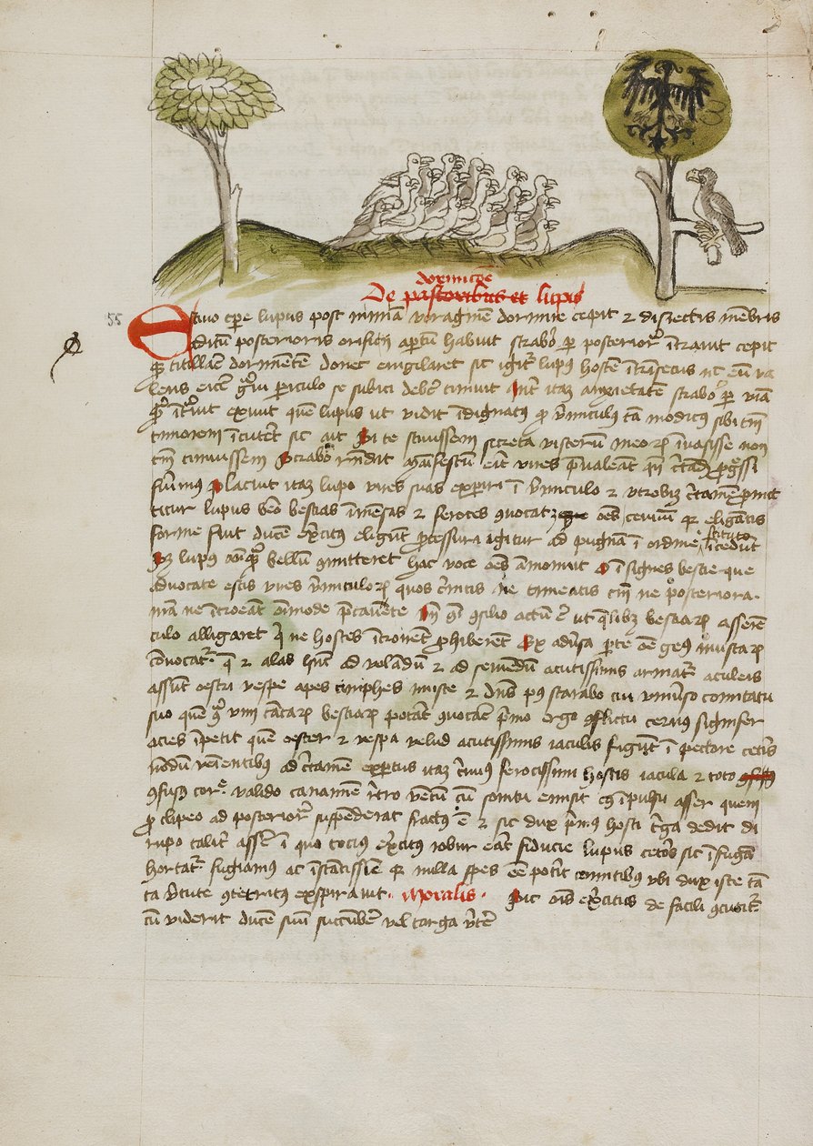 Um bando de aves debaixo de uma árvore, incluindo uma águia coroada com um brasão heráldico nas asas de Unknown artist