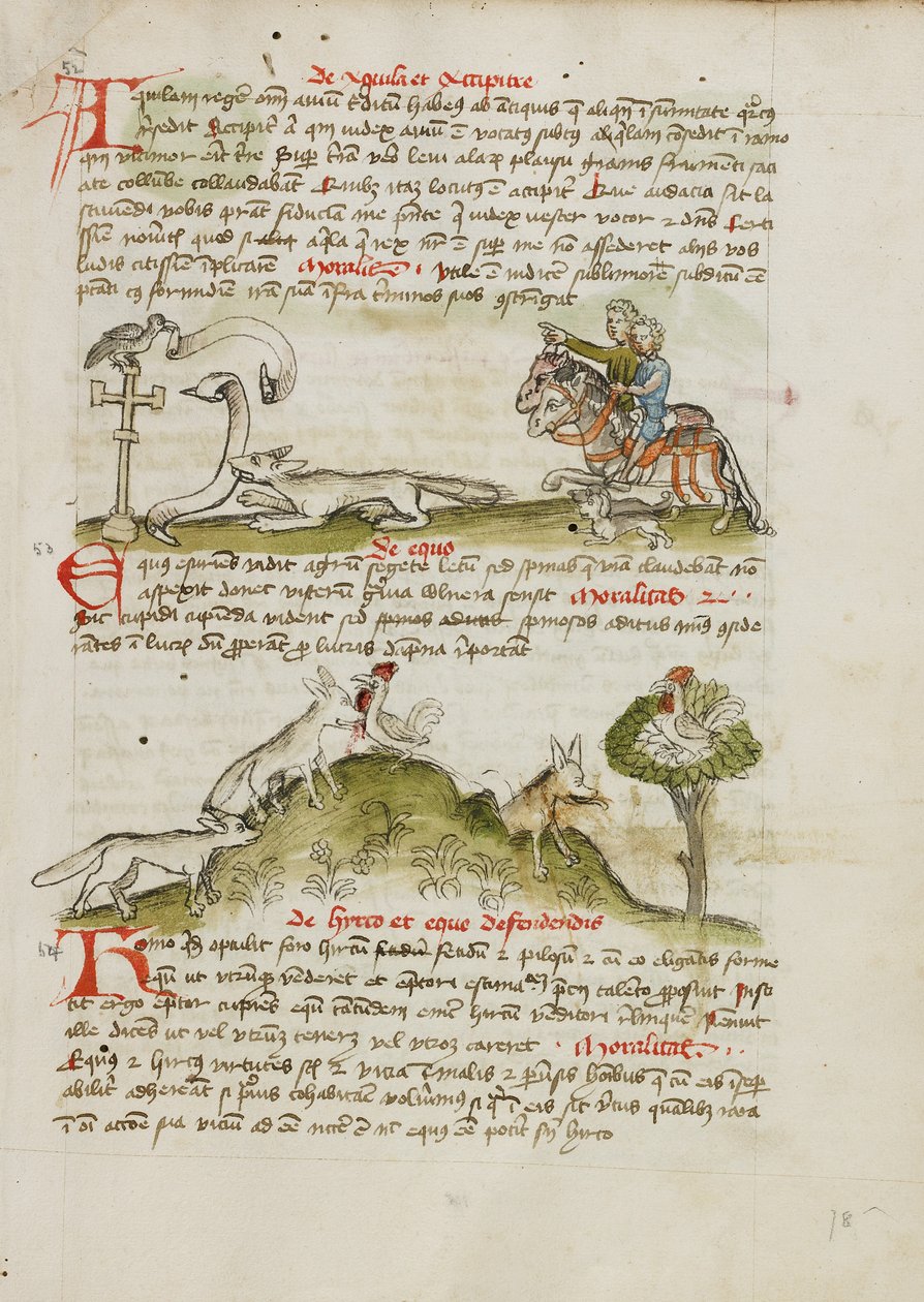 Uma raposa a ameaçar um pássaro pousado numa cruz à beira do caminho e dois cavaleiros a apontar para a cena; uma raposa a correr e a apanhar uma galinha; uma galinha numa árvore por cima de uma raposa de Unknown artist
