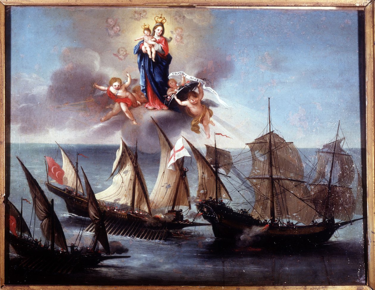 Um barco de Génova atacado por uma galiot e um meio-galley bárbaro. Ex-voto 1796. Museo navale di Genova-Pegli. de Unknown artist