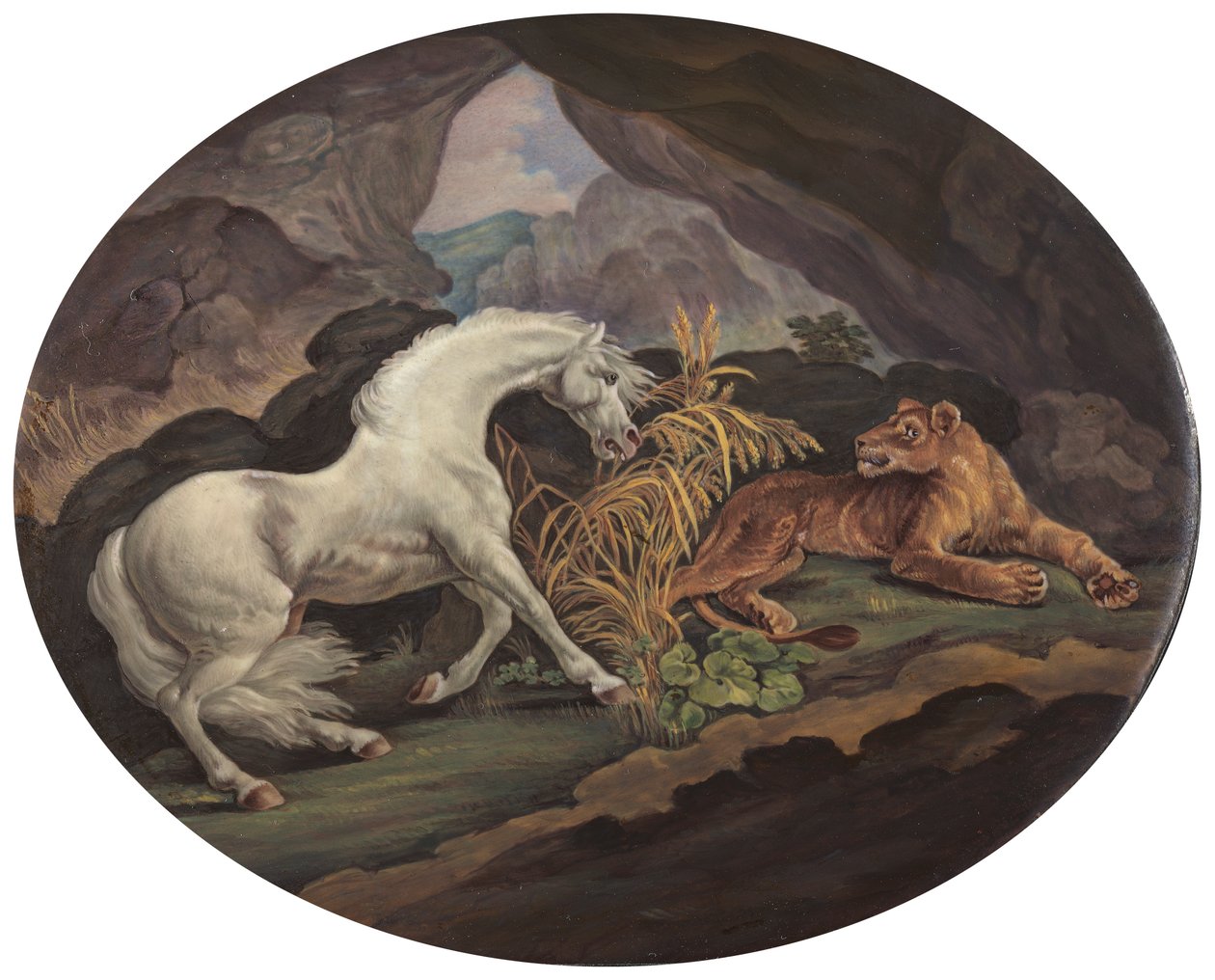 Um cavalo assustado por uma leoa de Unknown artist