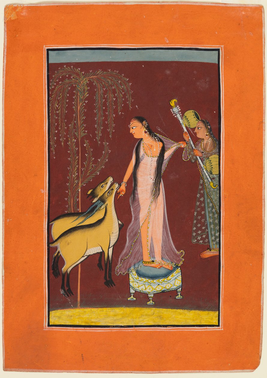 Uma senhora com atendente e um par de veados: Provavelmente Gujari Ragini de Dipak, de um Pahari Ragamala de Unknown artist