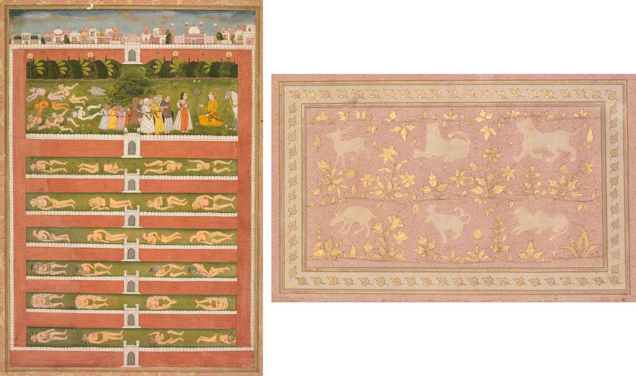Uma princesa e demônios diante de um nobre: uma folha de um romance poético relativo a Shah Alam I (reto); Cenas gravadas de leão e gazela (verso) de Unknown artist