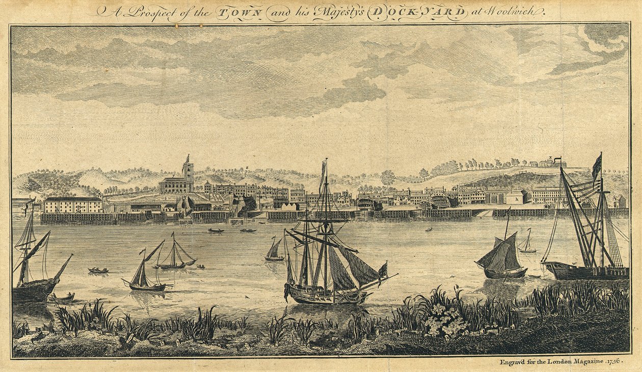 Uma perspetiva da cidade e do estaleiro de Sua Majestade em Woolwich de Unknown artist