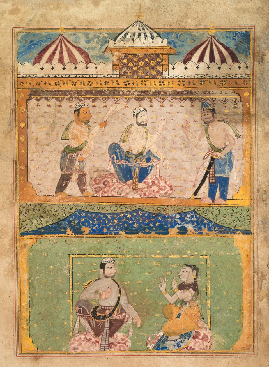 Um viajante convence Lorik a voltar para casa (topo); Objetos Chanda (abaixo), de uma Chandayana (História de Chanda) de Unknown artist