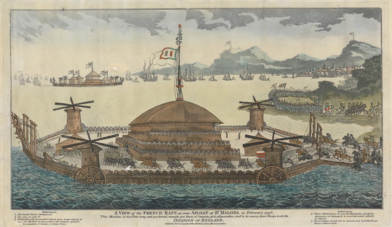 Uma Vista da Jangada Francesa, como vista Afloat em St. Maloes, em Fevereiro de 1798. A máquina tem 600 pés de comprimento e 300 de largura, monta 500 peças de Canhão, 36 & 48 libras, e deve transportar 15.000 tropas & para a Invasão da Inglaterra. de Unknown artist