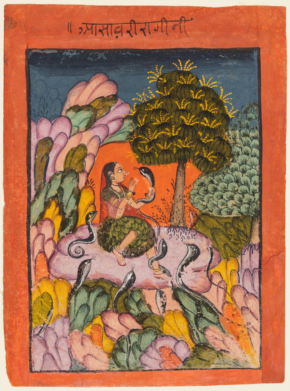 Uma Mulher Encanta Serpentes na Natureza: Asavari Ragini, de uma Ragamala de Unknown artist