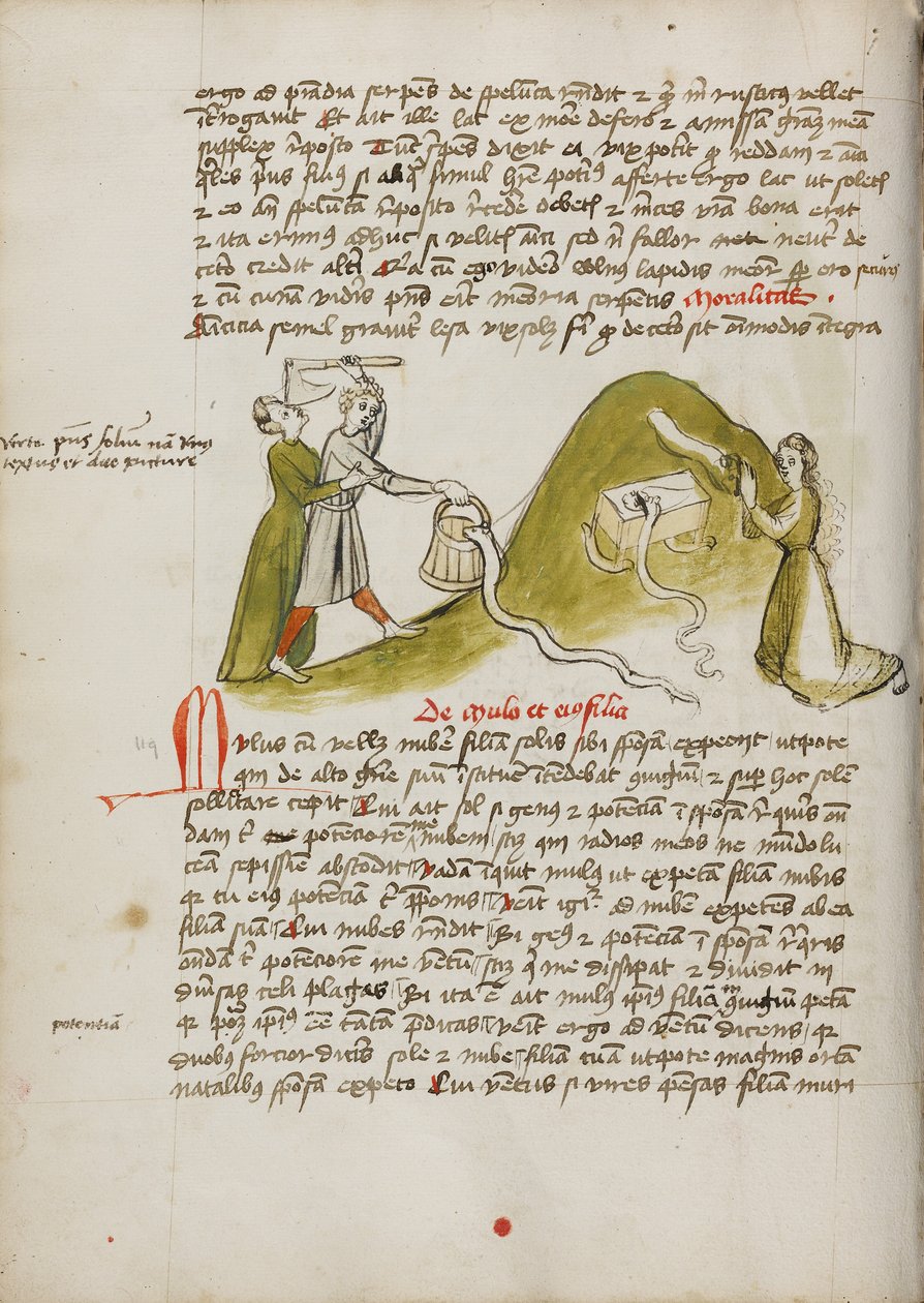 Uma mulher em oração e uma cobra numa colina próxima; um homem a tentar matar uma cobra com um machado de Unknown artist