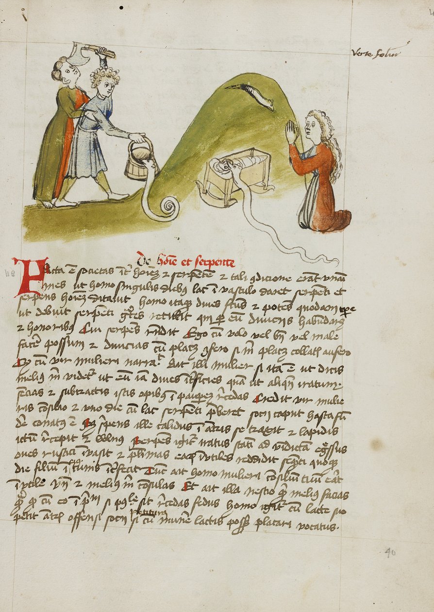Uma mulher em oração e uma cobra numa colina próxima; um homem a tentar matar uma cobra com um machado de Unknown artist