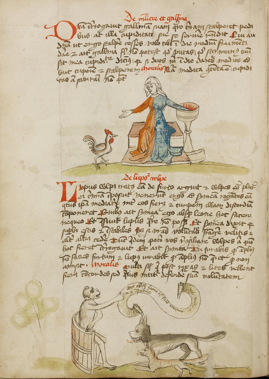 Uma mulher com um recipiente e uma galinha; um macaco a ensinar uma raposa e um lobo de Unknown artist