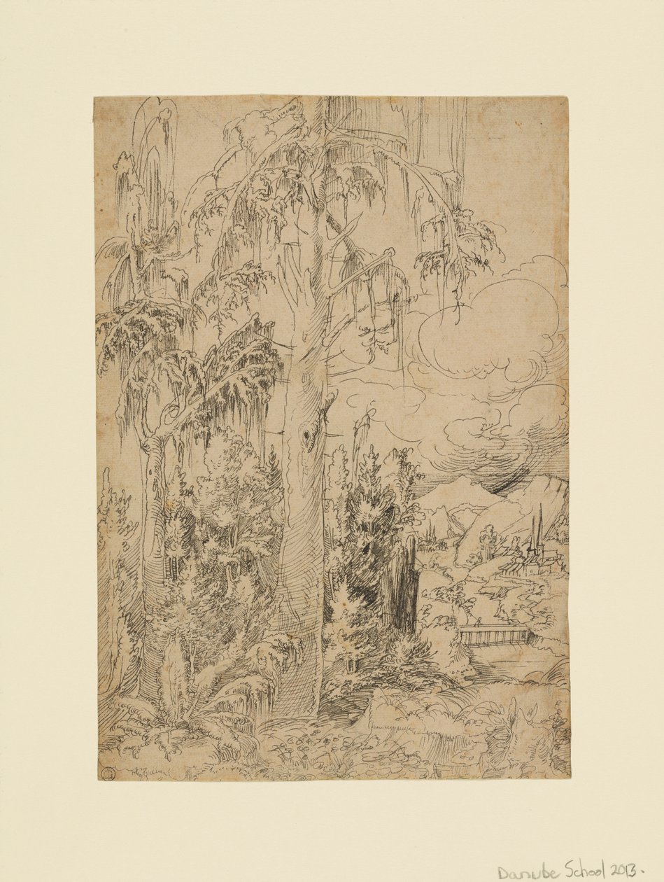 Uma paisagem arborizada com uma cidade para lá de uma ponte e montanhas distantes de Unknown artist