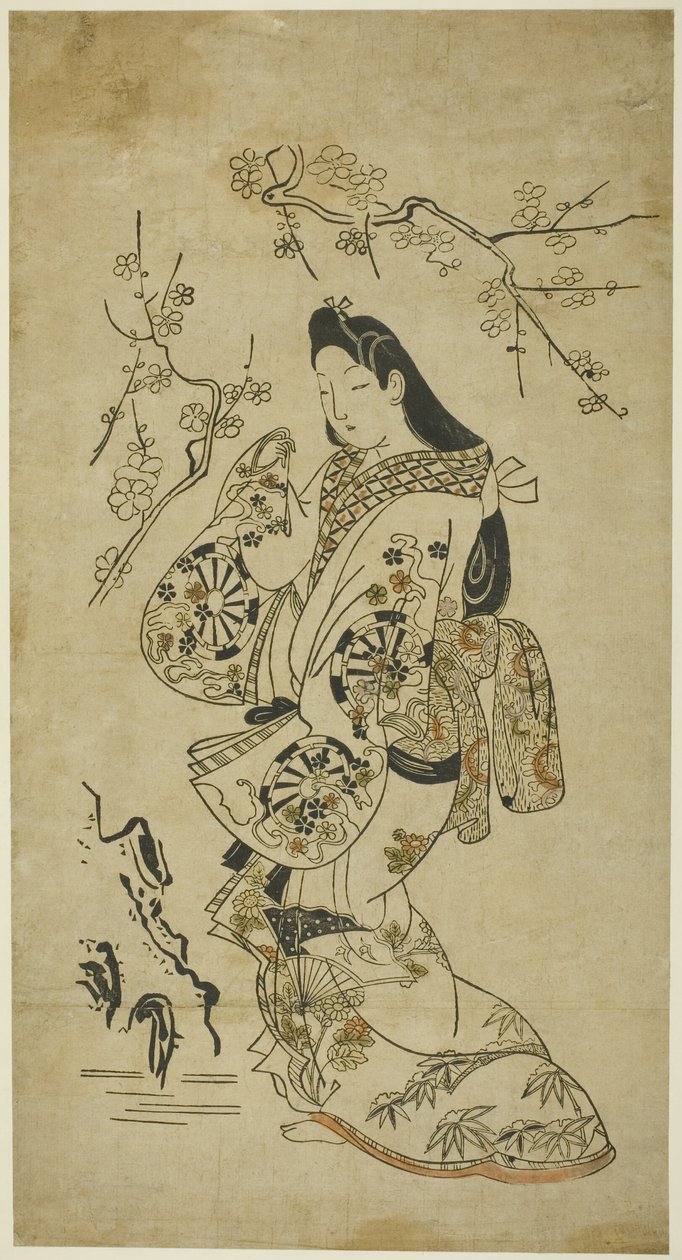 Uma jovem mulher a caminhar perto de uma ameixeira de Unknown artist