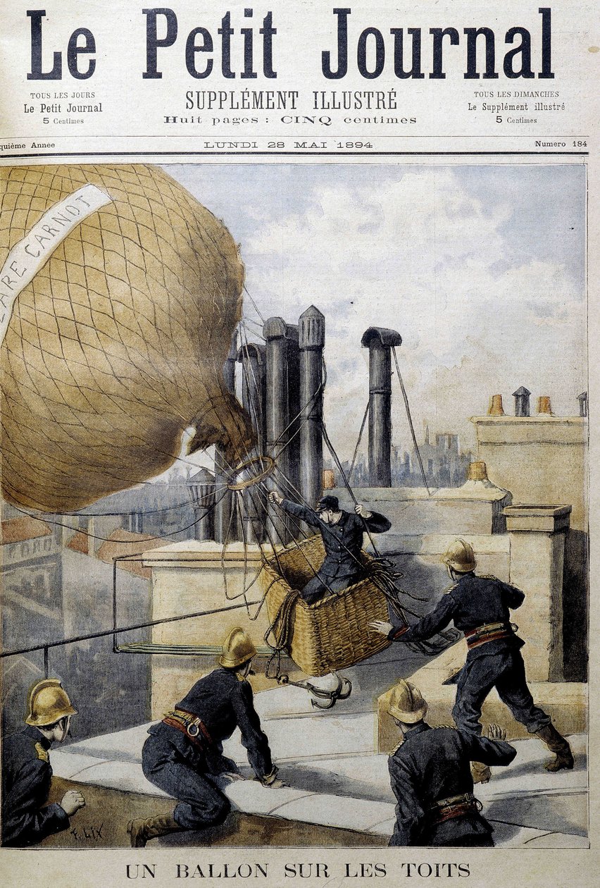 Um balão nos telhados: resgate pelos bombeiros - no "Le Petite Journal". de Unknown artist