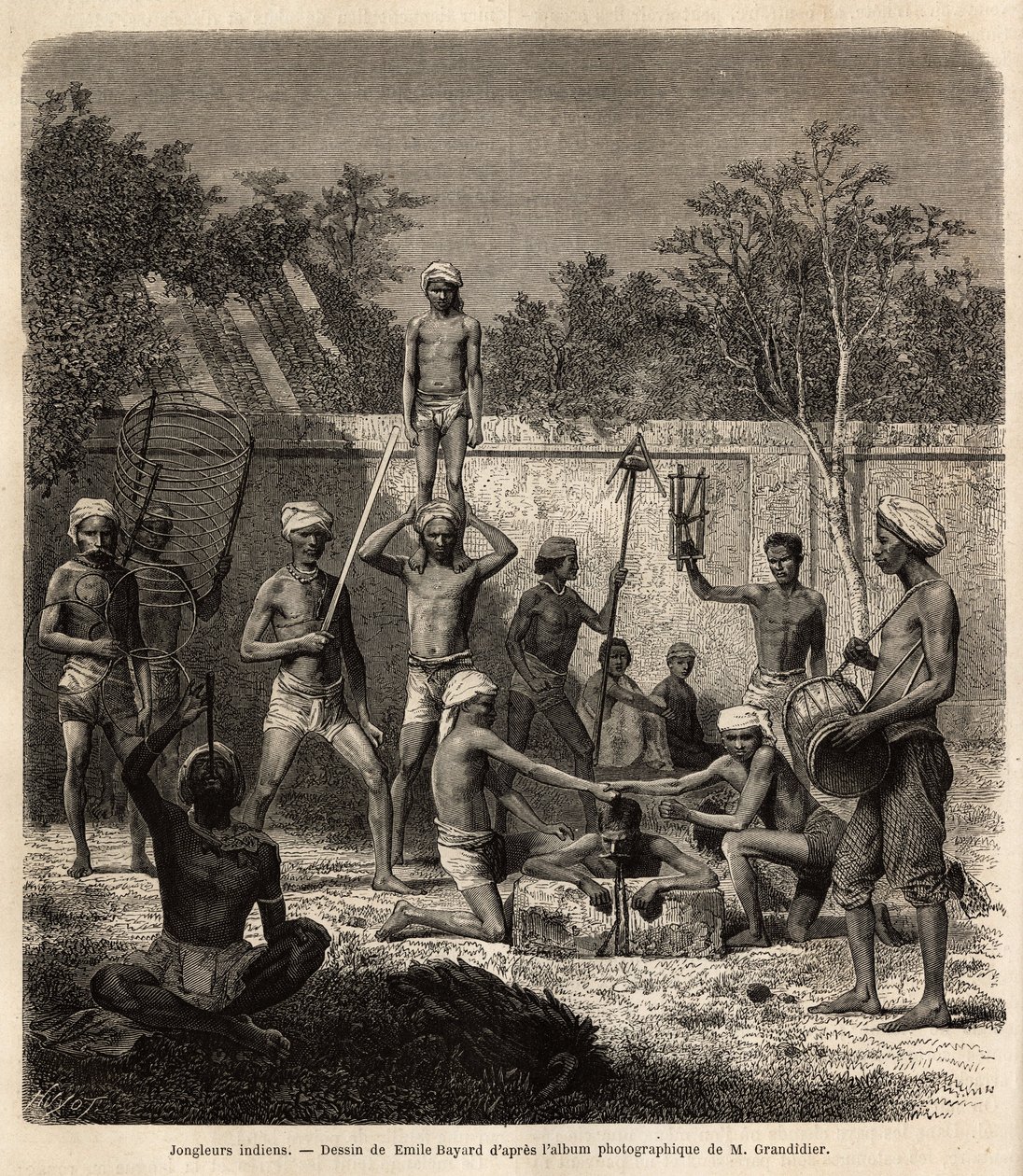 Um bando de malabaristas indianos. Gravura para ilustrar a viagem nas províncias meridionais da Índia, de Alfred Grandidier, em 1862-1864, publicada em "le tour du monde", sob a direção de D