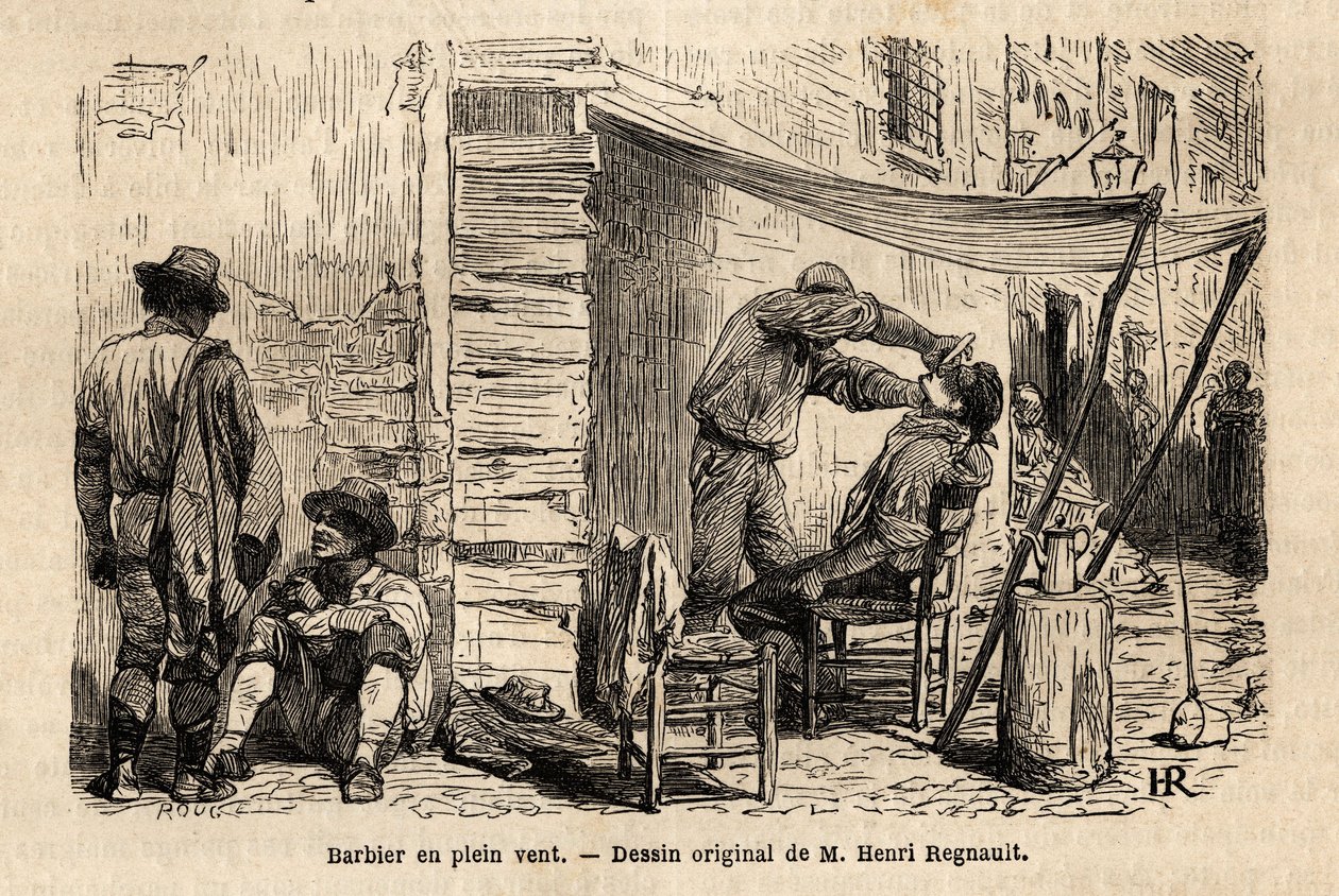 Um barbeiro ao vento, nas ruas de Roma. Gravura para ilustrar a viagem ...