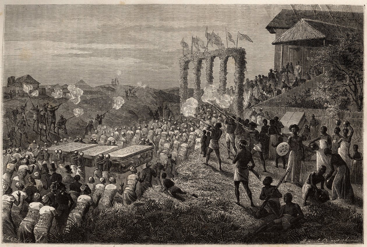 Um cortejo nupcial em Tete (Moçambique). Gravura para ilustrar as primeiras viagens do Dr. Livingstone à África Austral de 1840 a 1856, no "Le tour du monde, nouveau journal des voyages" publicado sob a direcção de Edouard Charton de Unknown artist