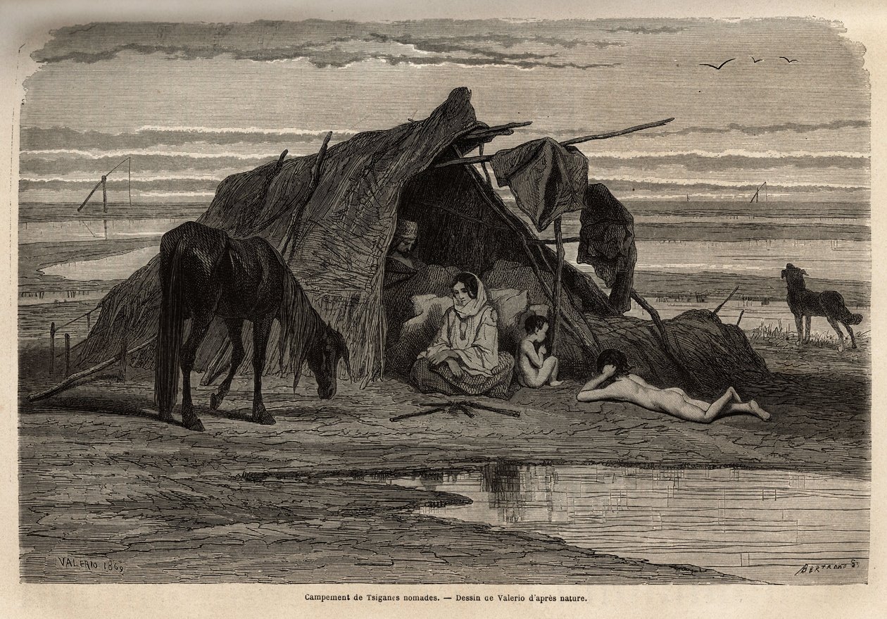 Um campo de ciganos nômades nas planícies do norte da Bósnia. Gravura para ilustrar as memórias das viagens entre os eslavos do sul, de Georges Perrot, em 1868, publicada em "Le tour du monde" 1870-1871, editada por Edouard Charton, edição Hachette, Pari de Unknown artist
