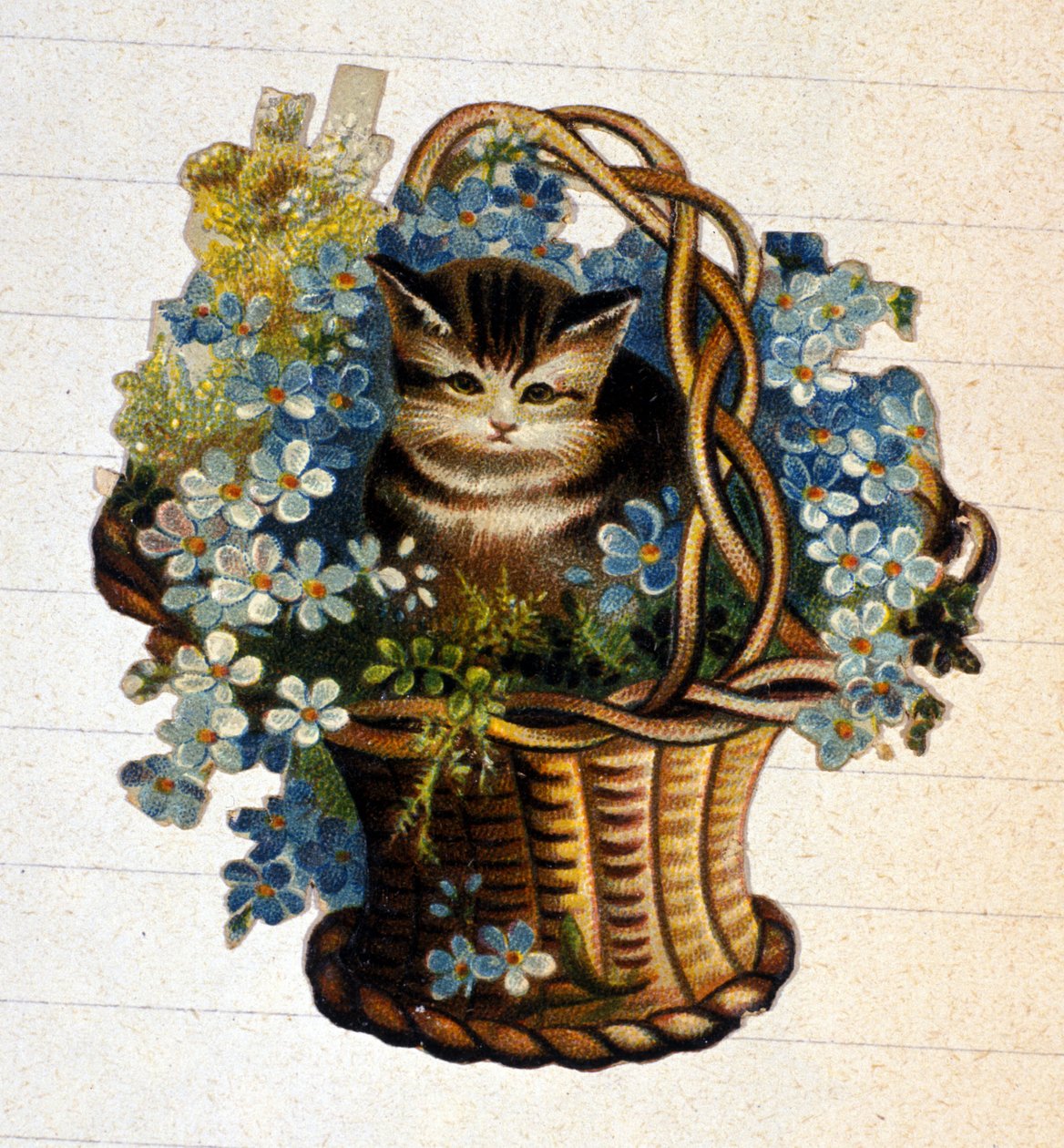 Um gato em um cesto de flores. A cromolitografia do século XIX. de Unknown artist
