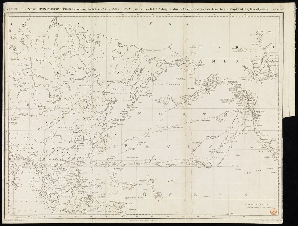 Carta do Oceano Pacífico Norte, contendo a costa NE da Ásia e a costa NW da América, explorada em 1778 e 1779 pelo Capitão Cook e explorada em 1788 e 1789 por John Meares (gravura) de Unknown artist