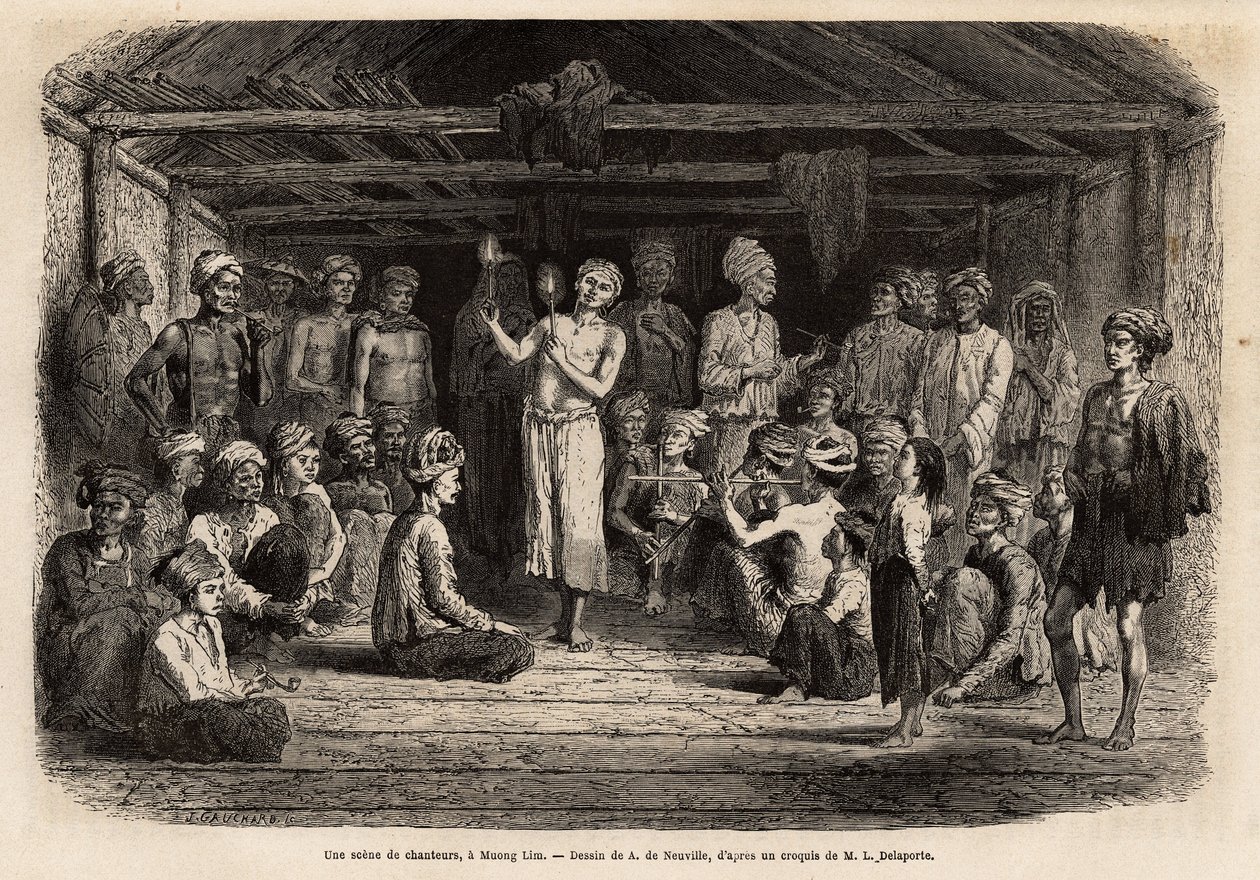Um concerto de cantores, um Muong Lim (Laos), música viva e ritmos cantados por um solista e repetidos em coro durante cada coro, todos usam o penteado tradicional dos Mou Tsu, que usam cabelo comprido, tranças sob o turbante. Gravura para ilustrar uma voy de Unknown artist