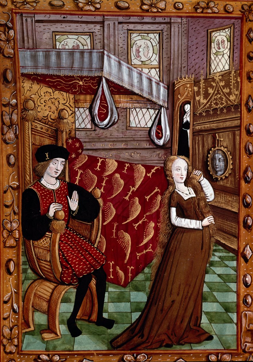 Um casal num quarto, a mulher veste Miniatura do "Histoire de Jean III de Brush e de filho esposa Louise de Laval" (ms. 1475, fol. 6r) Chantilly, Musee Conde de Unknown artist