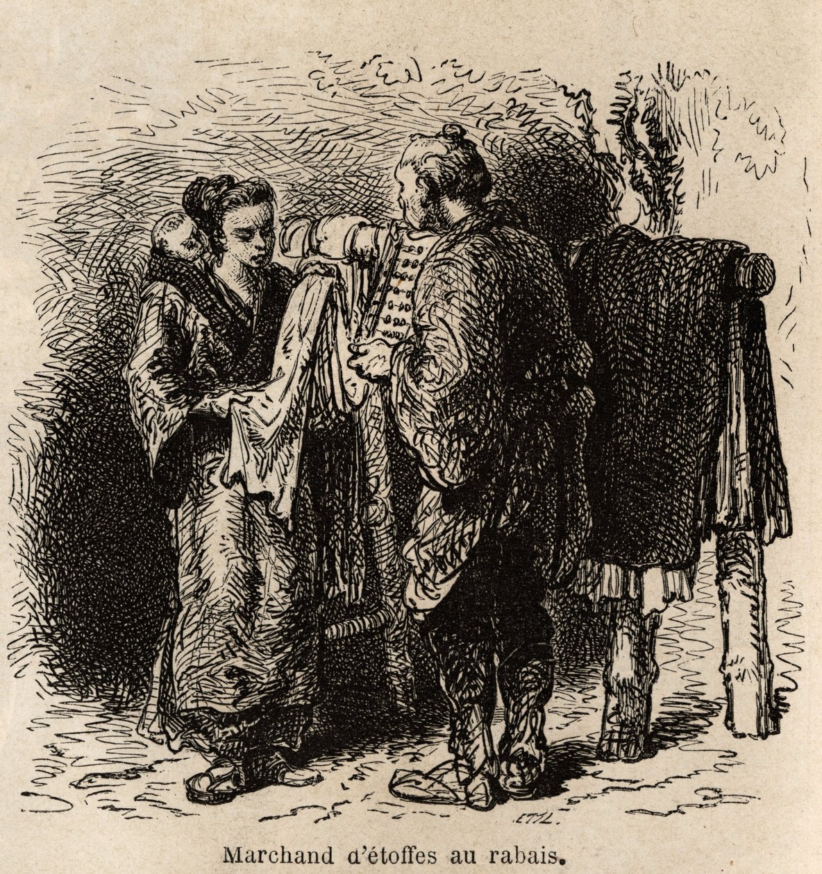 Um vendedor de tecidos com desconto faz o artigo para uma jovem mulher carregando o seu filho nas costas. Gravura para ilustrar a viagem ao Japão, de Aime Humbert, ministro da Confederação Suíça, em 1863-1864, publicada em "le tour du monde", sob o dir de Unknown artist