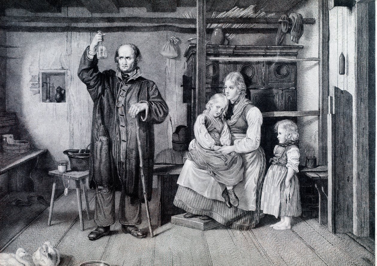 Um médico examinando um frasco, provavelmente um frasco de urina, durante uma visita a uma mãe e seus dois filhos que vivem na pobreza (gravura) de Unknown artist