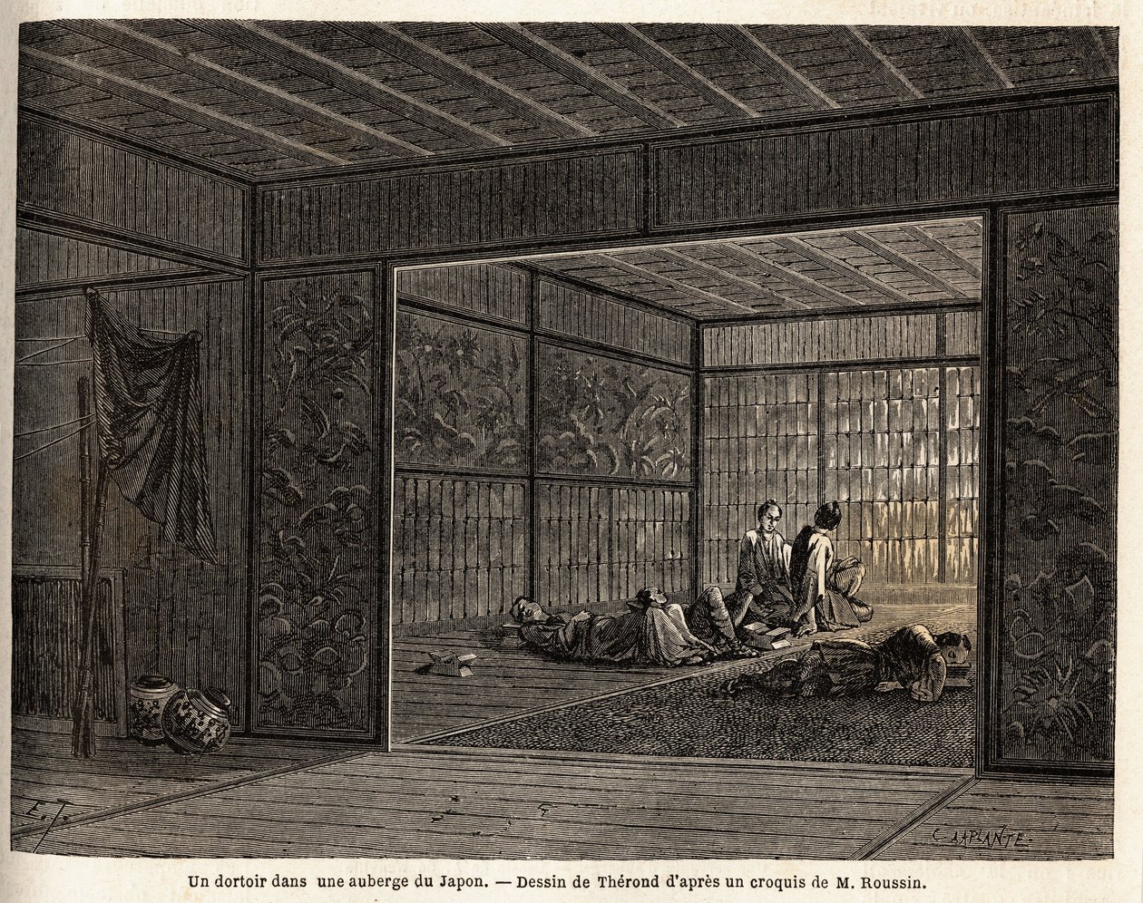 Um dormitório em uma pousada no Japão. Gravura para ilustrar a viagem ao Japão em 1863-1864, de Aime Humbert, ministro da Confederação Suíça, no "Le tour du monde, nouveau journal des voyages", publicado sob a direção de Edouard Charton de Unknown artist