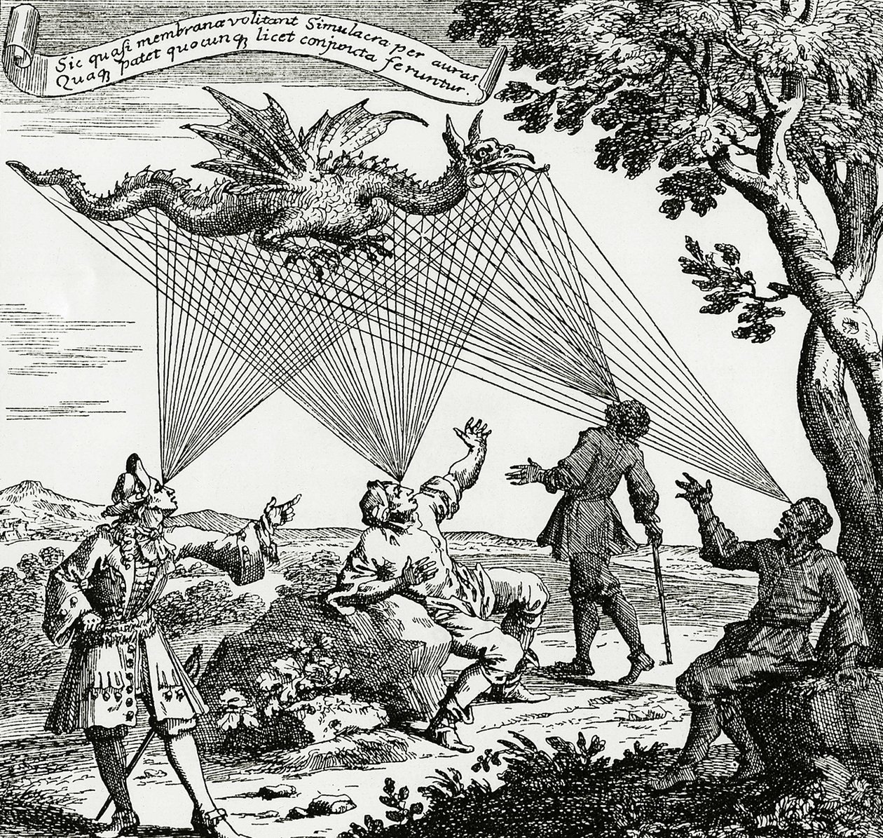 Um dragão visto de diferentes ângulos visuais, baseado numa gravura em cobre do "Oculus artificialis teledioptricus" de Zahn. de Unknown artist