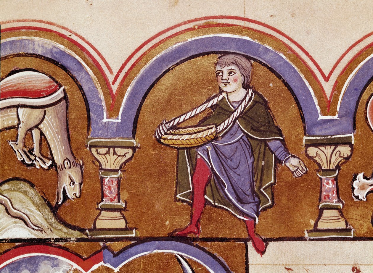 Um agricultor semeando grãos Detalhe de uma página manuscrita extraída de "O Saltério de Santa Isabel" Cividale do século XIII, Museo Archeologico de Unknown artist