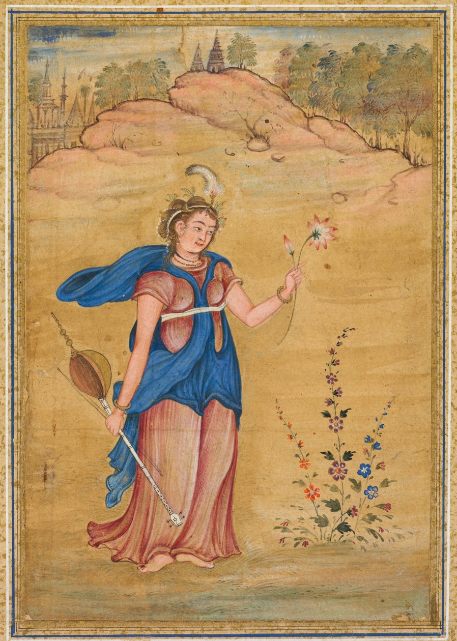 Uma figura feminina em pé em uma paisagem segurando um “khuuchir” de quatro cordas e um lótus de Unknown artist