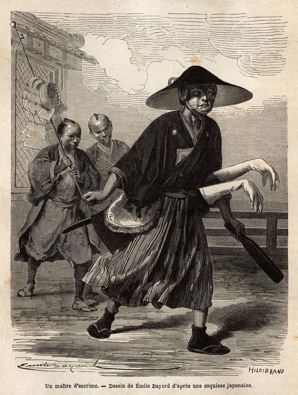 Um mestre da esgrima, seguido por dois ajudantes que usam o seu material, o mestre desliza as suas luvas brancas sobre as mangas das suas espadas. Gravura para ilustrar a viagem ao Japão, em 1863-1864, de Aime Humbert, ministro da Confederação Suíça, em "L de Unknown artist
