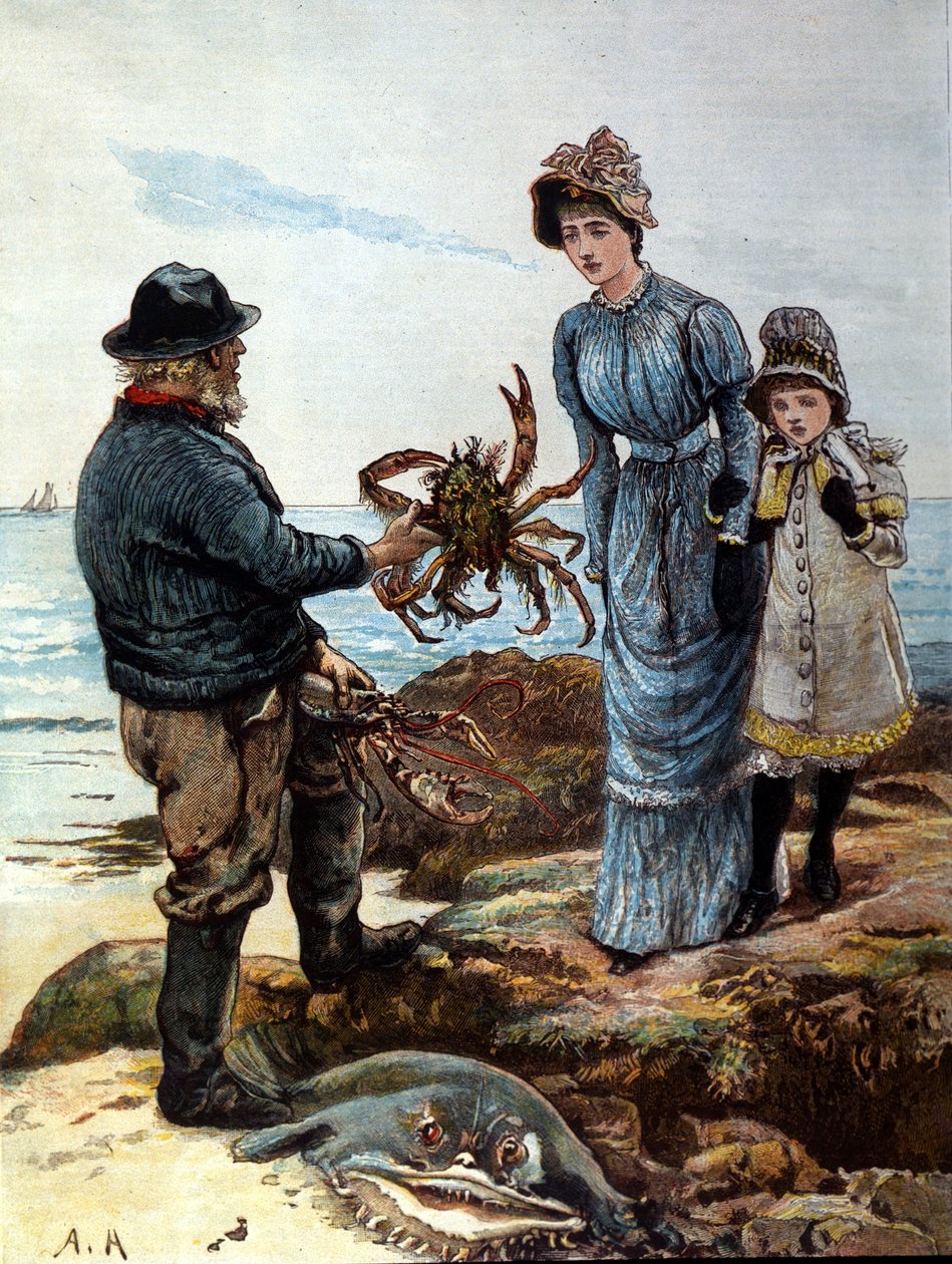 Um pescador mostra uma mãe e uma filha um grande caranguejo. de Unknown artist