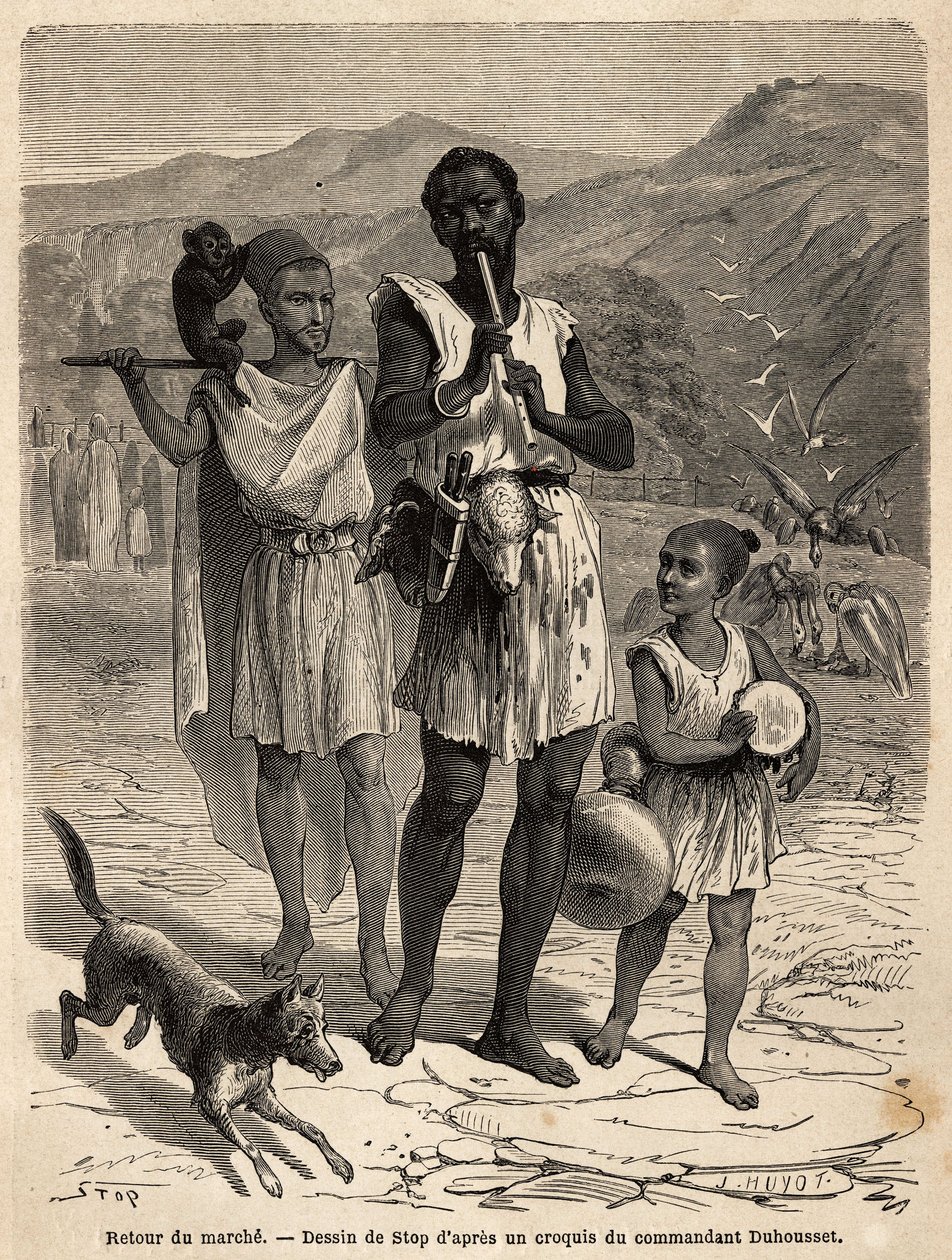 Um flautista, acompanhado por um pequeno baterista e um show de macacos; as duas cabeças de carneiro penduradas no cinto do líder da banda serão o seu jantar. Gravura para ilustrar a excursão ao grande Kabilie, entre o Mediterrâneo e o Djurjura, em 1 de Unknown artist