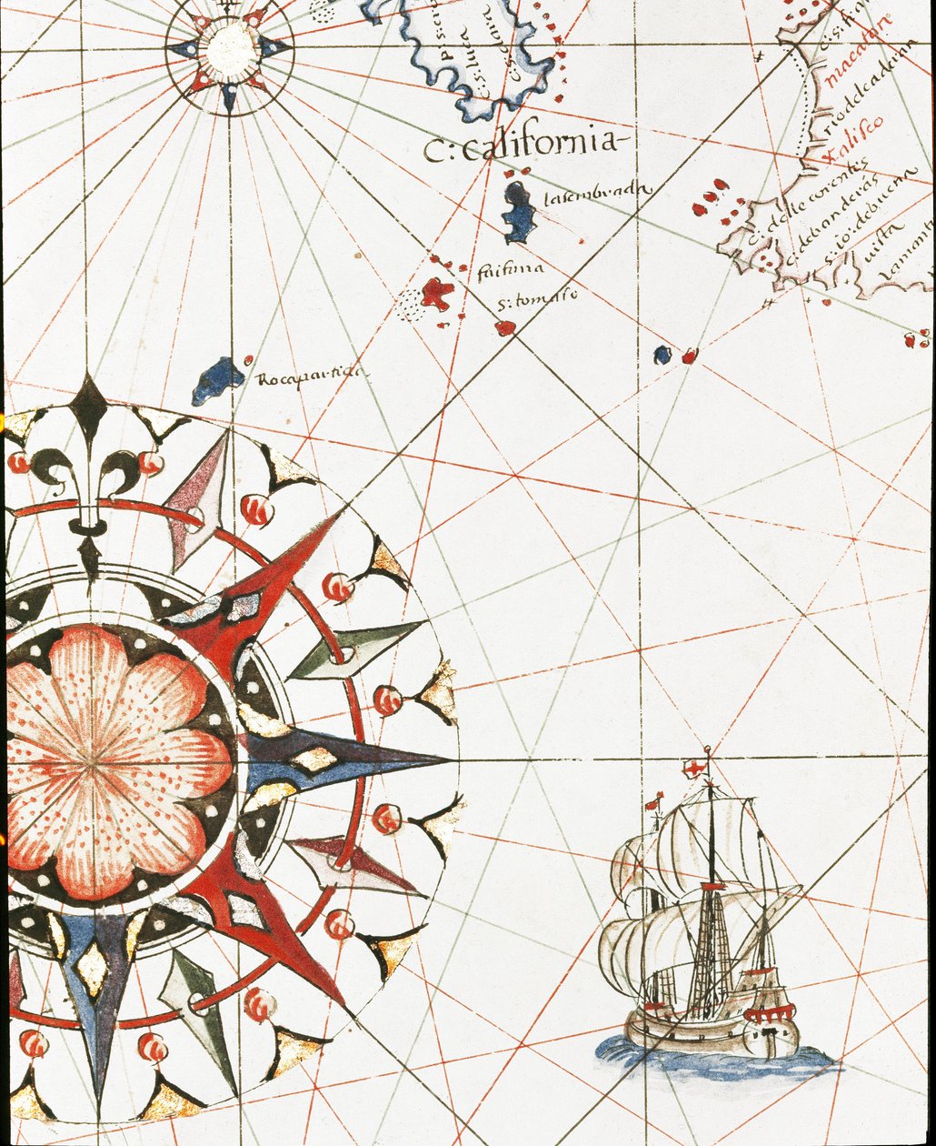 Um galeão navegando ao largo da costa da Califórnia (Detalhe do portulano de Castellini de Unknown artist