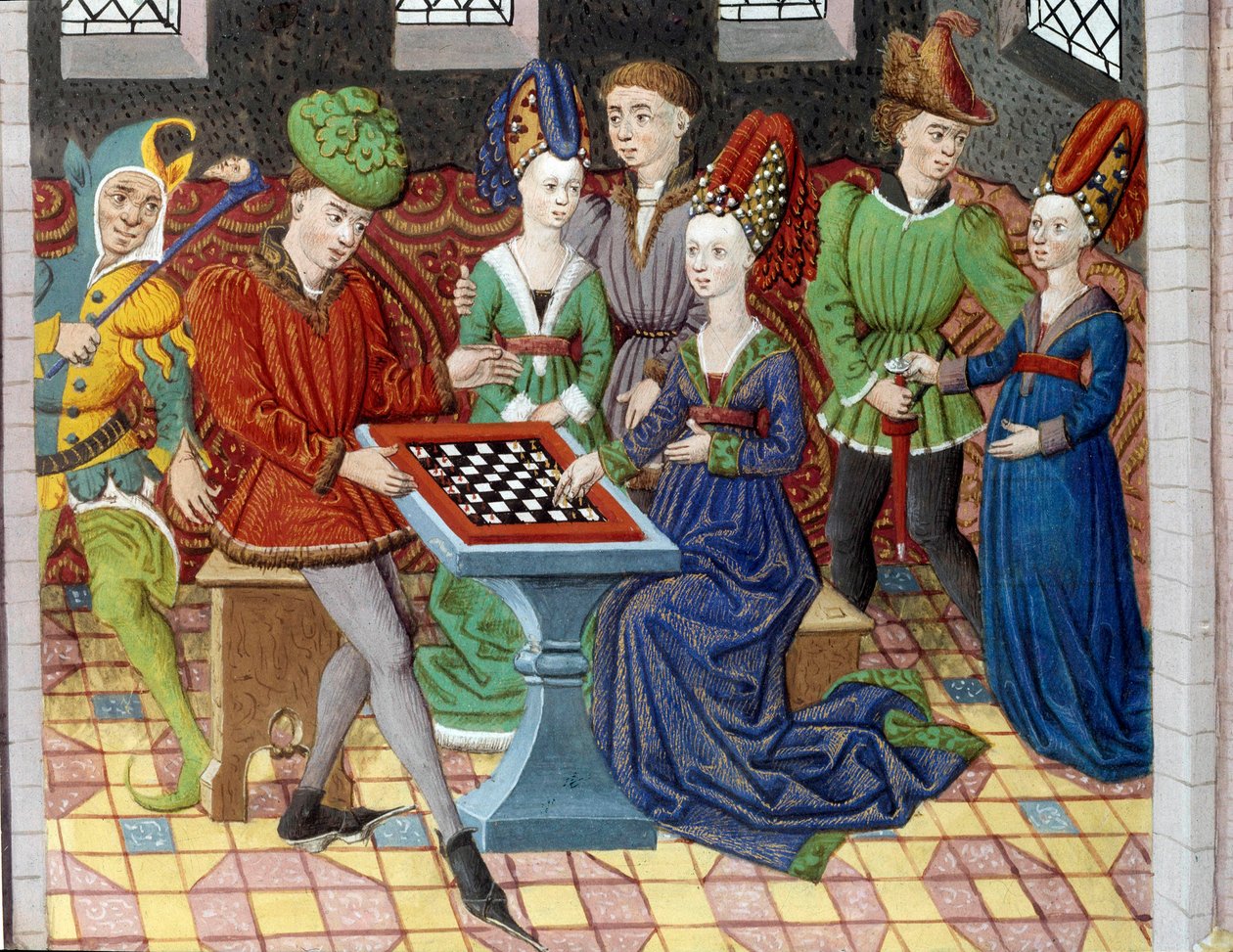 Um jogo de xadrez entre dois cortesãos na sala de um castelo. Minaiture retirado de "História de Alexandre o Grande" (ou Alexandre III de Macedoine (356-323 AC)) de Unknown artist