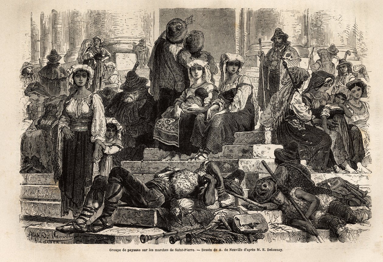Um grupo de camponeses e pastores se reúne para a celebração da Semana Santa nos degraus de São Pedro no Vaticano. Gravura para ilustrar a história da Semana Santa em Roma, em 1863, por Ludovic Celler, no "Le tour du monde, nouveau journal des voyages". de Unknown artist