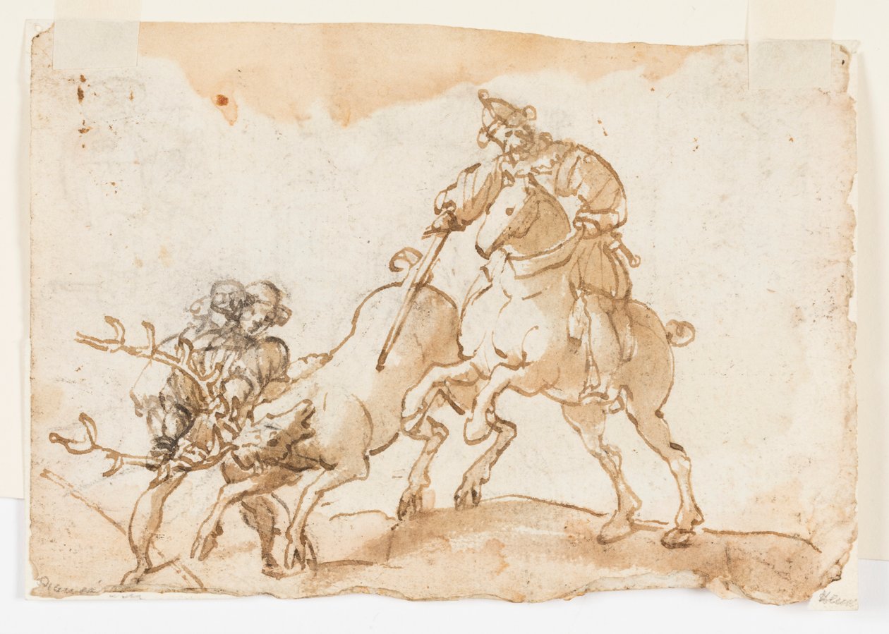 Um cavaleiro matando um veado, projeto preliminar para The Deer Hunt of Emperor Frederick Barbarossa e Ubaldo Ubaldini de Unknown artist