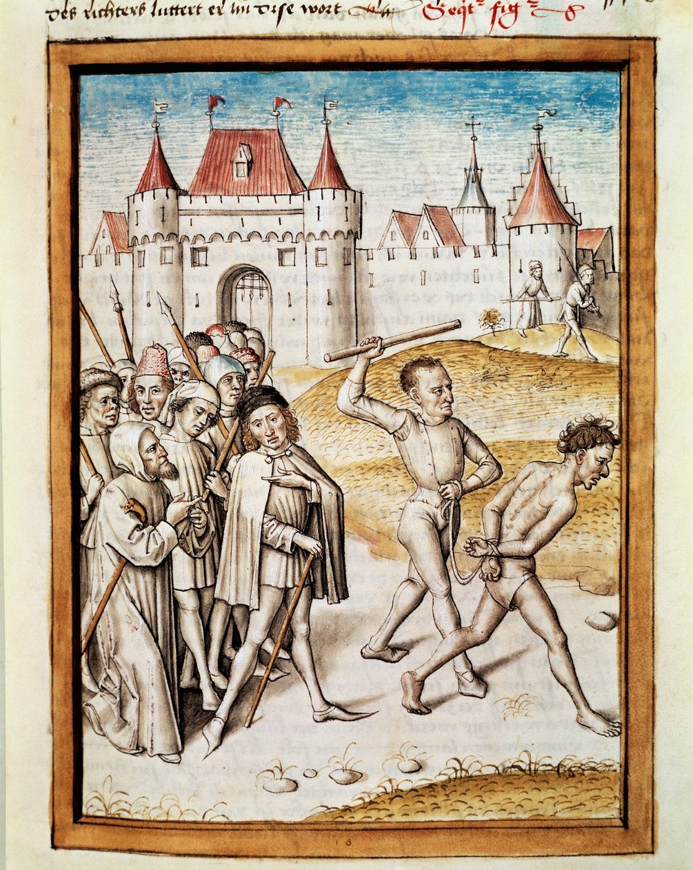 Um homem é conduzido a um tormento em miniatura a partir de uma tradução alemã das fábulas de Bidpai "Kalila (Calila) e Dimna". (ms. 1389, fol. 16) por volta de 1480 Chantilly, musee Conde de Unknown artist