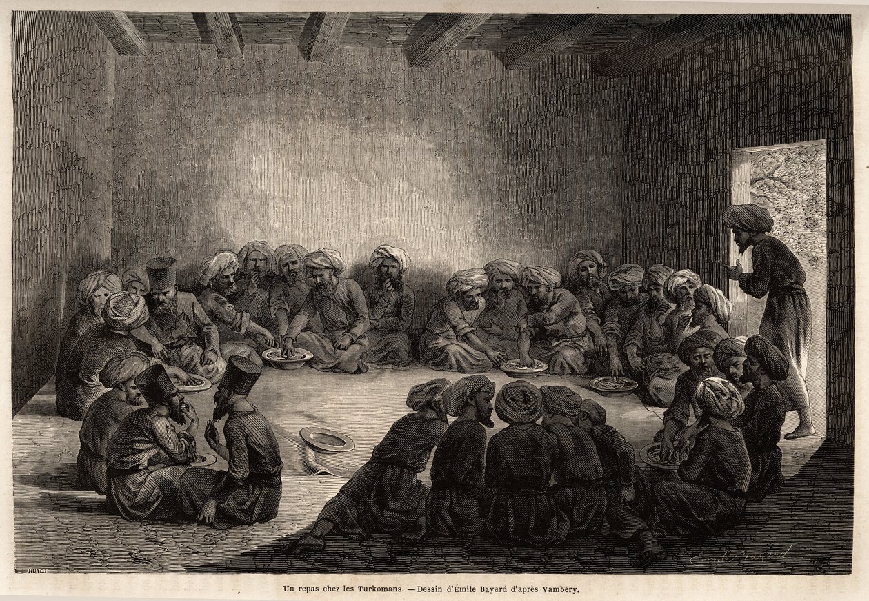 Uma refeição nos turcomanos (Iraque). Desenho de Emile Bayard (1837-1891), para ilustrar a viagem à Ásia Central, em 1863, de Arminius Vambery (cientista húngaro disfarçado em dervixe). Gravura em "Le tour du monde", editado por Edouard Charton de Unknown artist
