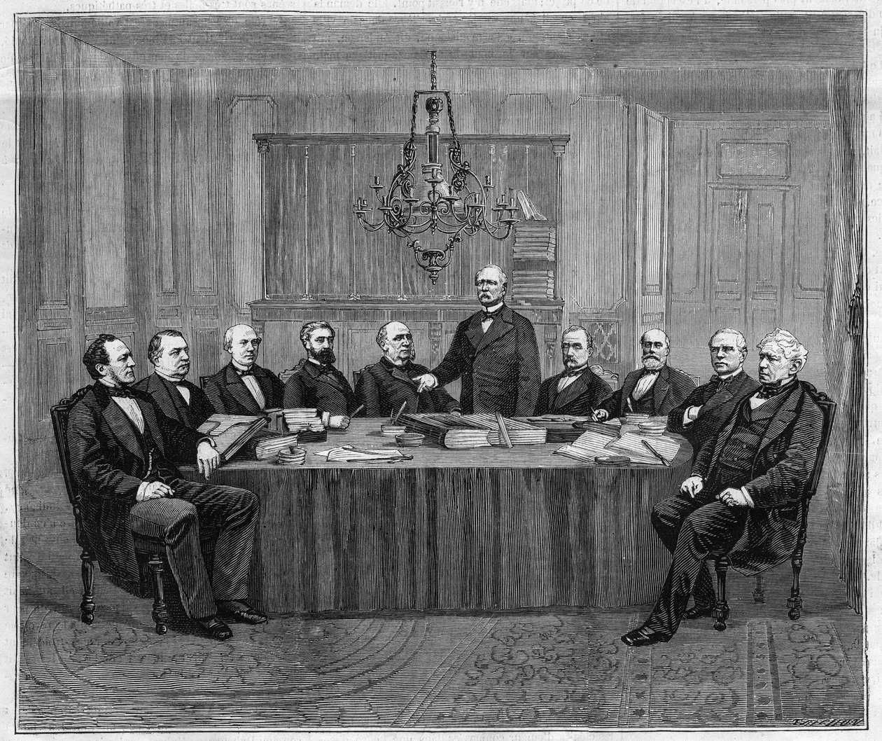 Uma reunião do Conselho de Ministros em Versalhes. Da esquerda para a direita: Louis Buffet (1818-1898), Ministro do Interior; Leon Say (1826-1896), Ministro das Finanças; Henri Wallon (1812-1904), Ministro da Instrução Pública, Adoração e Belas Artes; Alf de Unknown artist