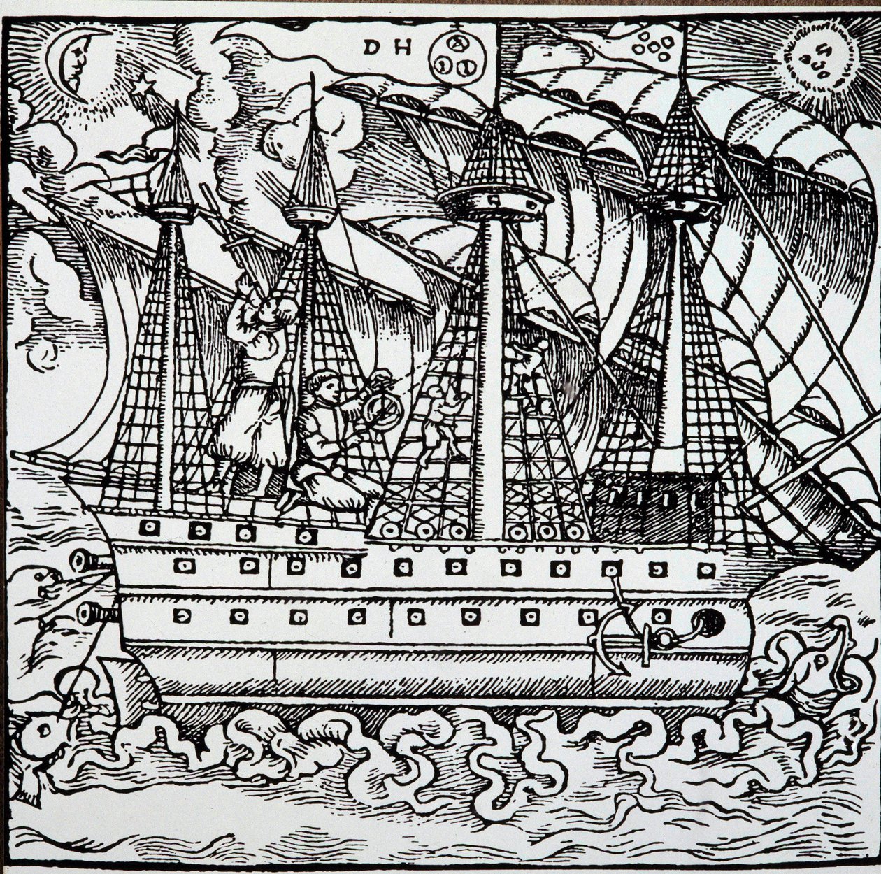 Um navegador em uma caravela portuguesa usando um astrolábio. Gravura das histórias de viagem do navegador alemão Hans Staden (1525-1579) de Unknown artist