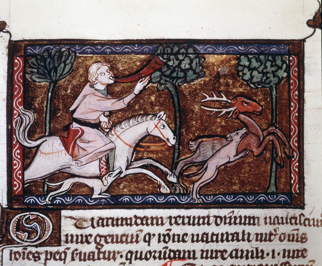 Um nobre caçando um cervo. Um manuscrito do século XV. Uma nobre caçada a um veado. Manuscrito do século XV. de Unknown artist