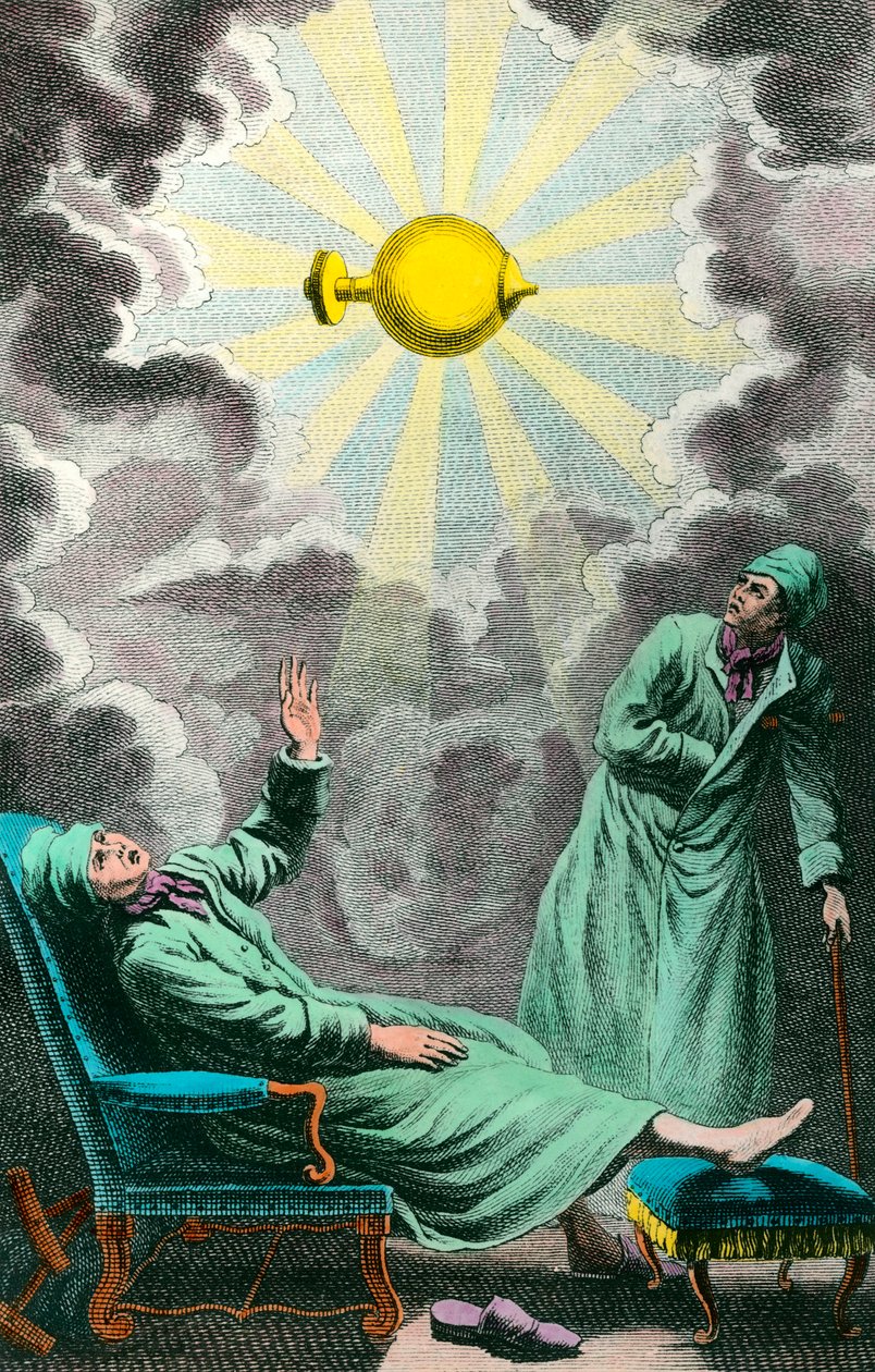 Um paralítico estende a mão para uma fonte de luz elétrica que pode restaurar a sua força. Frontispice extrai de "A guerra da paralisia pela eletricidade", uma obra dedicada a Monsenhor o Duque Marechal de Noéilles, de Abbe Sans. Gravura de J. B. Chevalie de Unknown artist