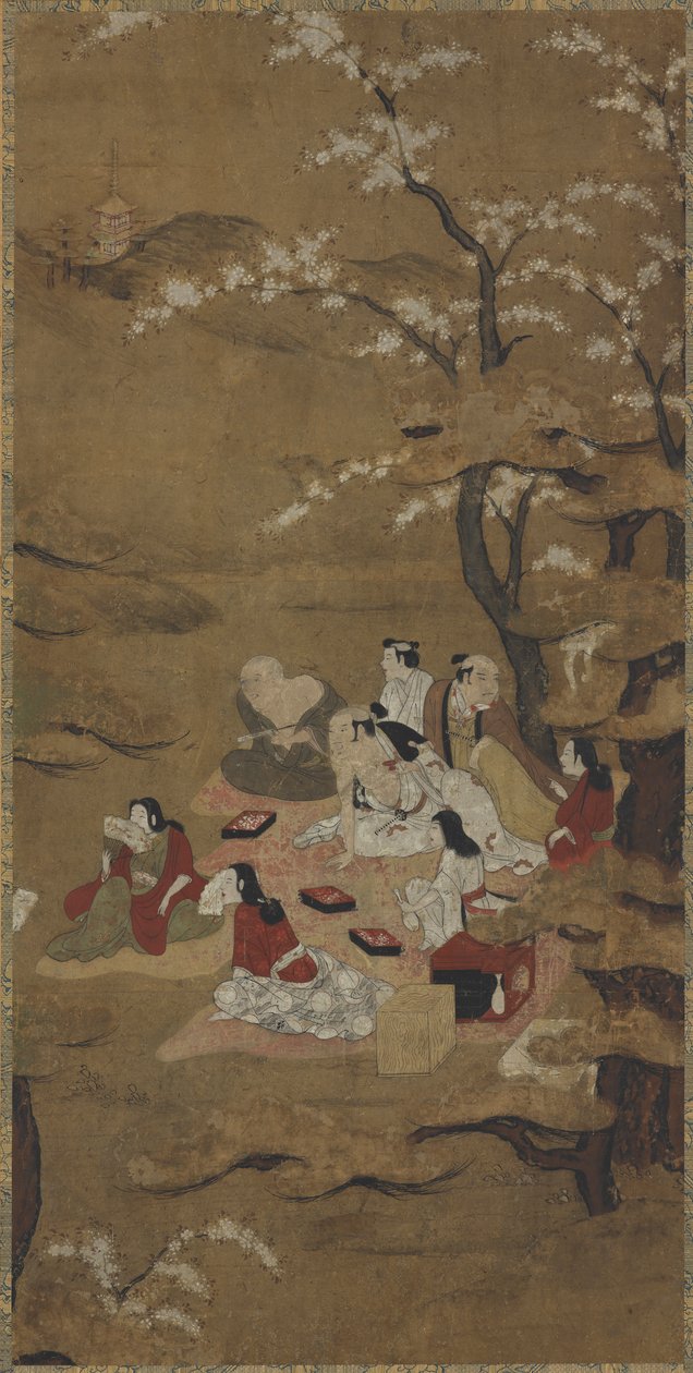 Uma festa de piquenique: oito pessoas sentadas sob árvores em flor de Unknown artist