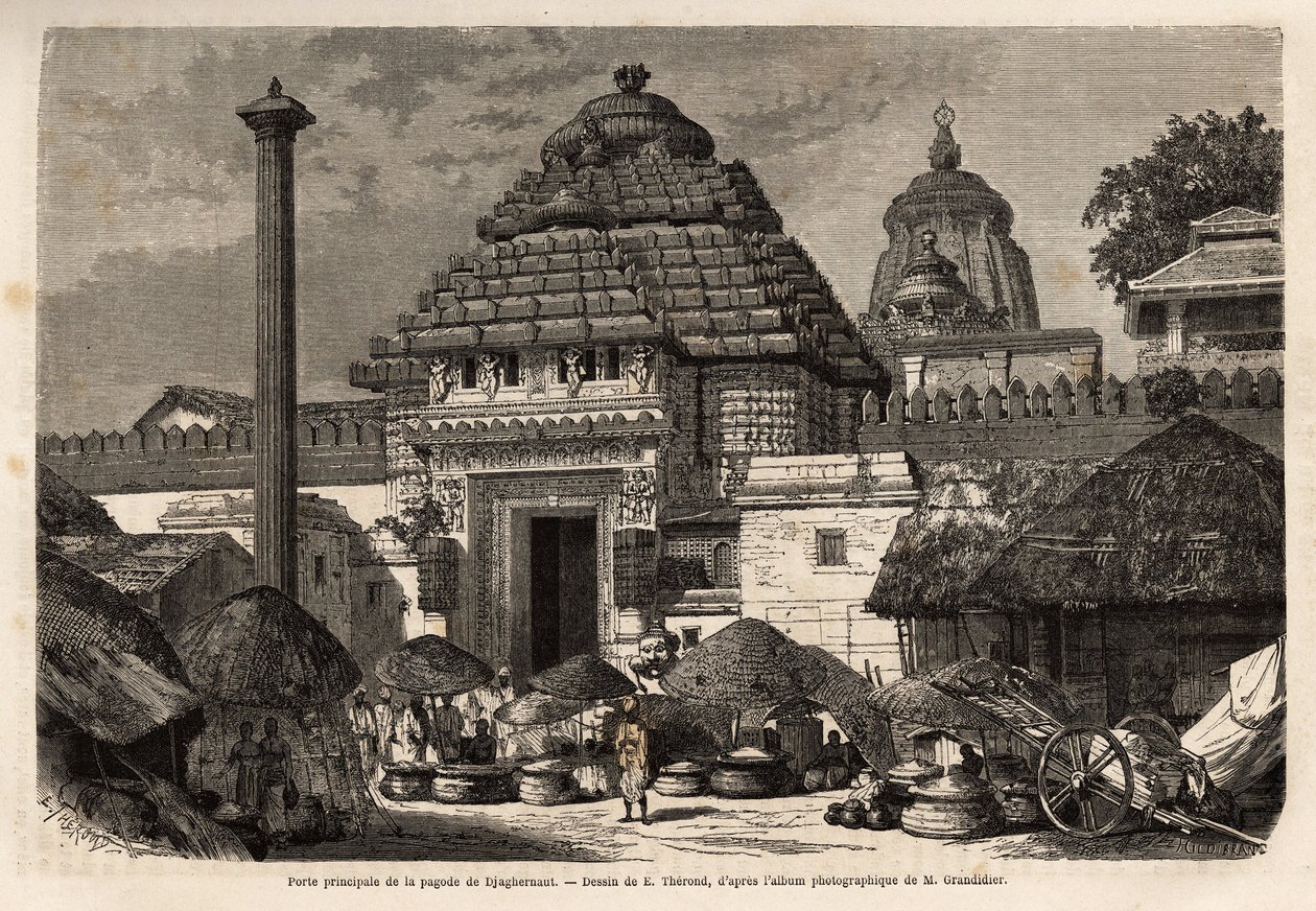 Um passeio popular em frente ao portão principal do Djaghernaut Pagoda (construído por volta de 1200), uma cidade sagrada e local de peregrinação no sul de Bengala. Gravura para ilustrar a viagem nas províncias meridionais da Índia, de Alfred Grandidier, e de Unknown artist