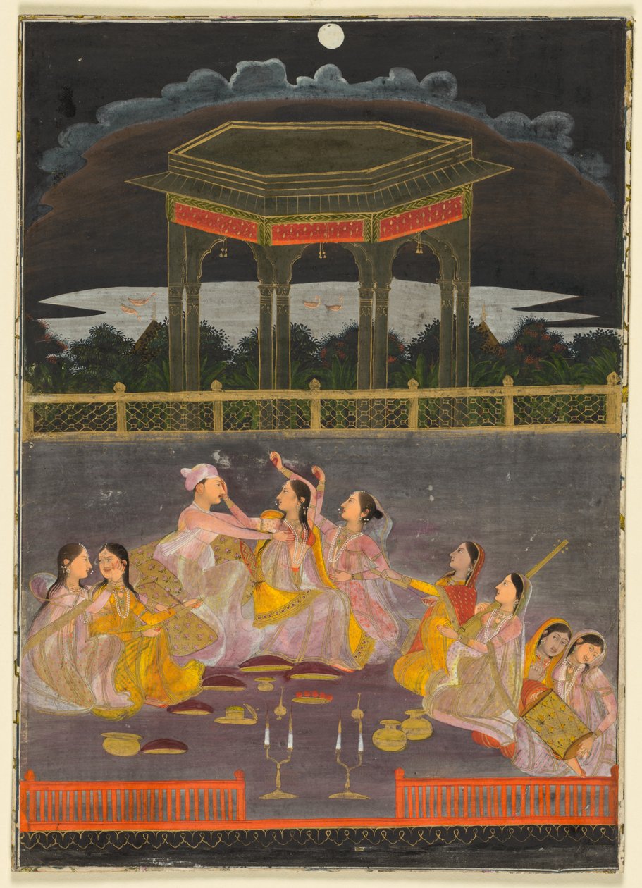 Um príncipe celebrando Holi com mulheres do palácio em um terraço à noite (reto); caligrafia de uma quadra (verso) de Unknown artist