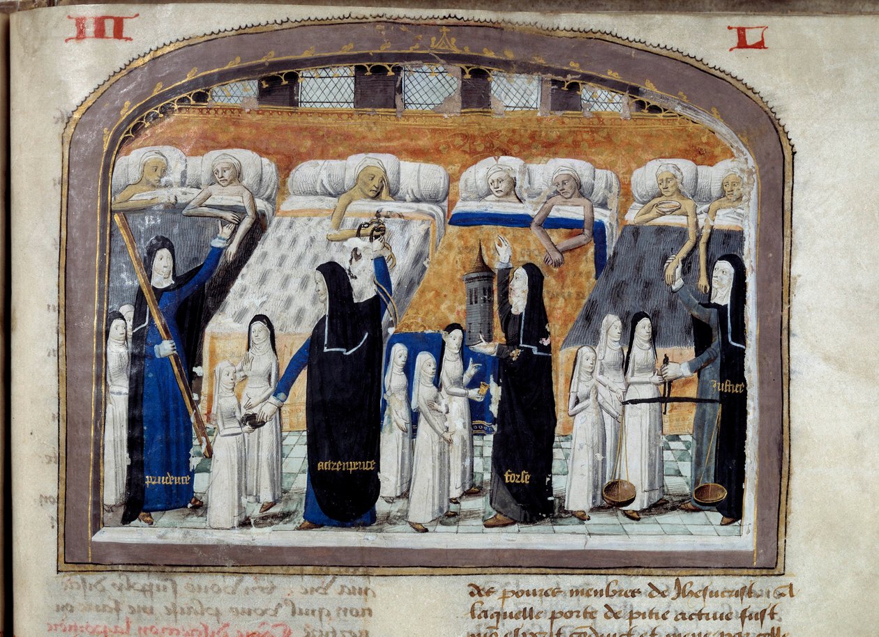 Um quarto do Hotel Hôpital Dieu em Paris cheio de doentes assistidos pelas freiras Cada freira simboliza uma virtude necessária para a assistência dos doentes: prudência, força, justiça. Miniatura de um manuscrito de 1482. Paris. Museu do Assi Público de Unknown artist