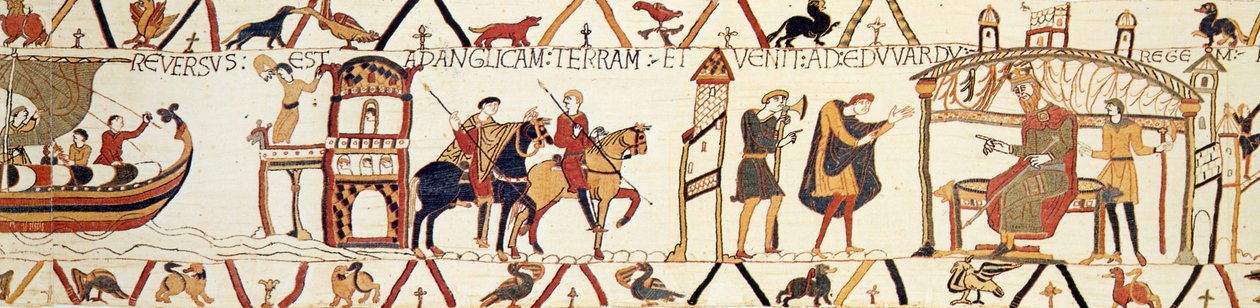 Uma cena da Tapeçaria Bayeux representando o Rei Eduardo falando com Haroldo de Unknown artist