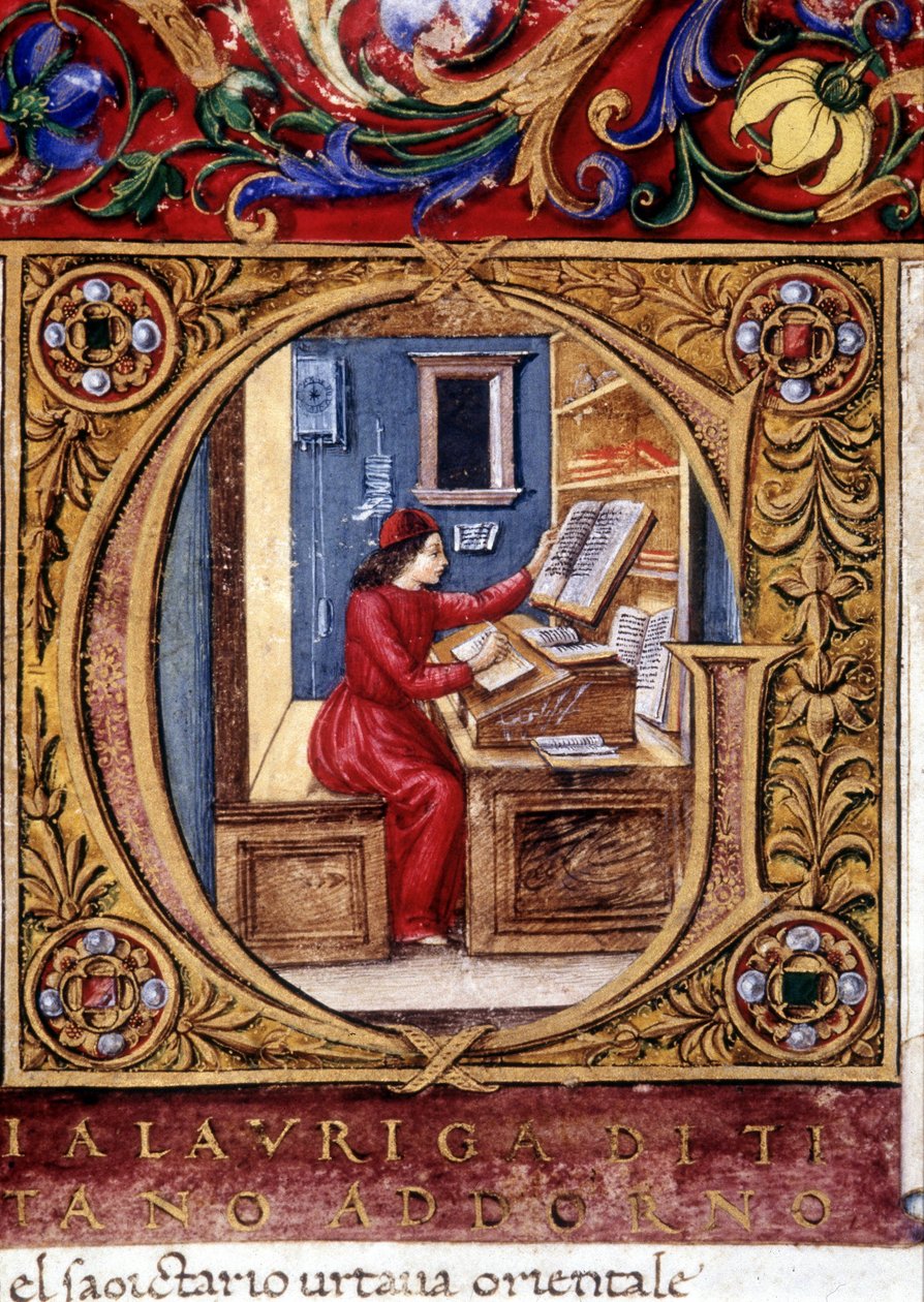 Um estudioso - na parede, uma das primeiras representações de um pêndulo (letra "g"). Manuscrito do século XV. de Unknown artist