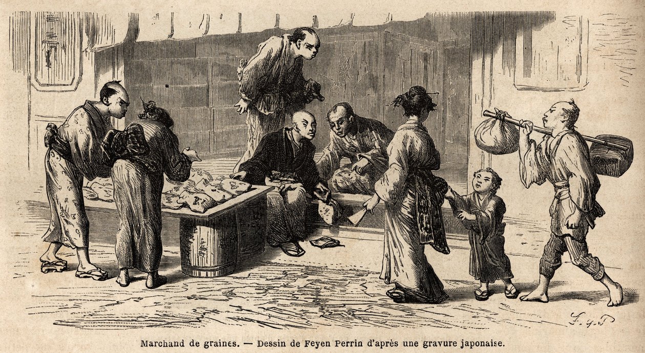 Um negociante de sementes no meio da rua. Gravura para ilustrar a viagem ao Japão, em 1863-1864, de Aime Humbert, ministro da Confederação Suíça, no "Le tour du monde, nouveau journal des voyages" publicado sob a direção de Edouard Charton de Unknown artist